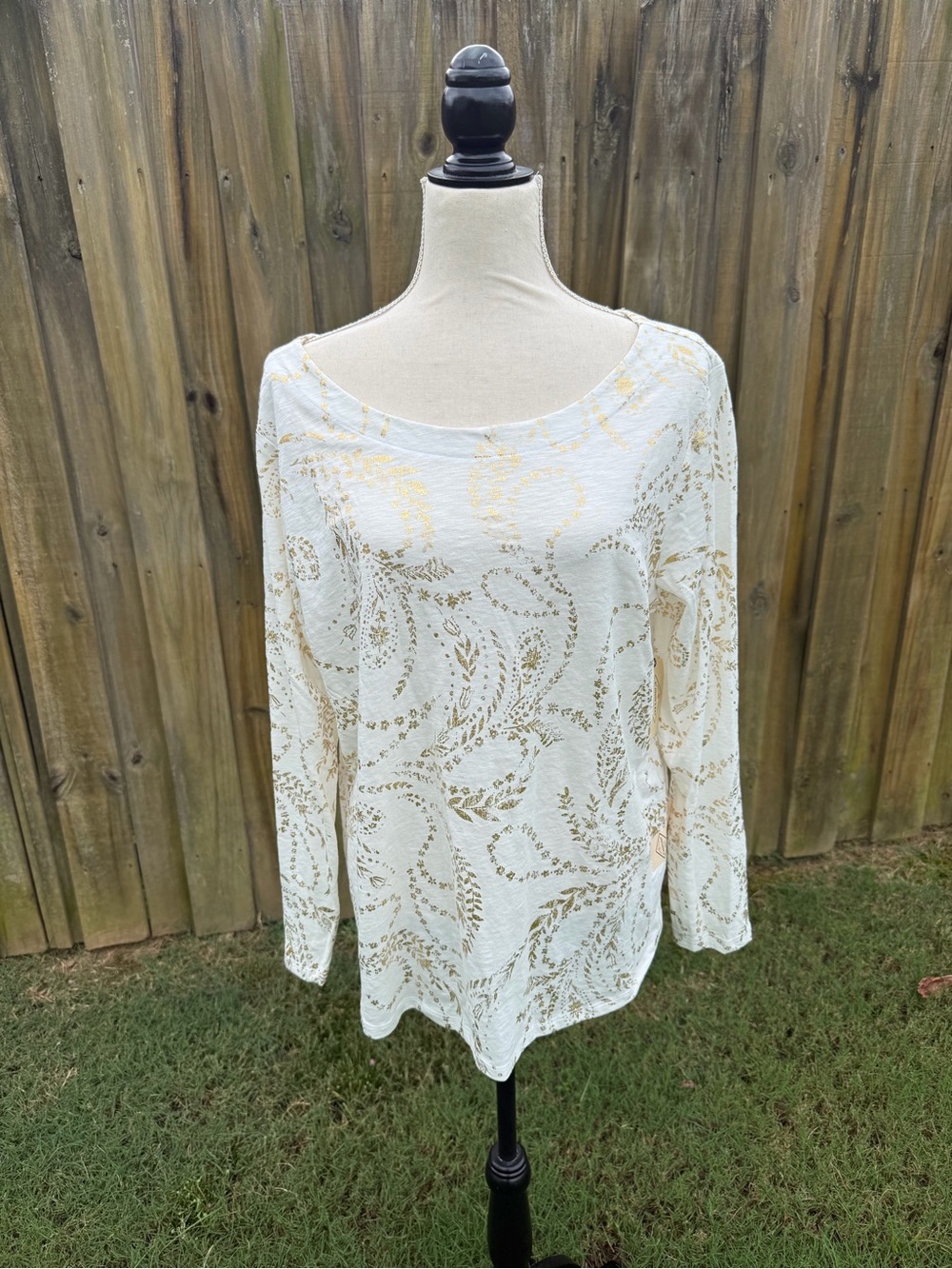 St. John's Bay Cream Long Sleeve Top with Gold Lace Overlay